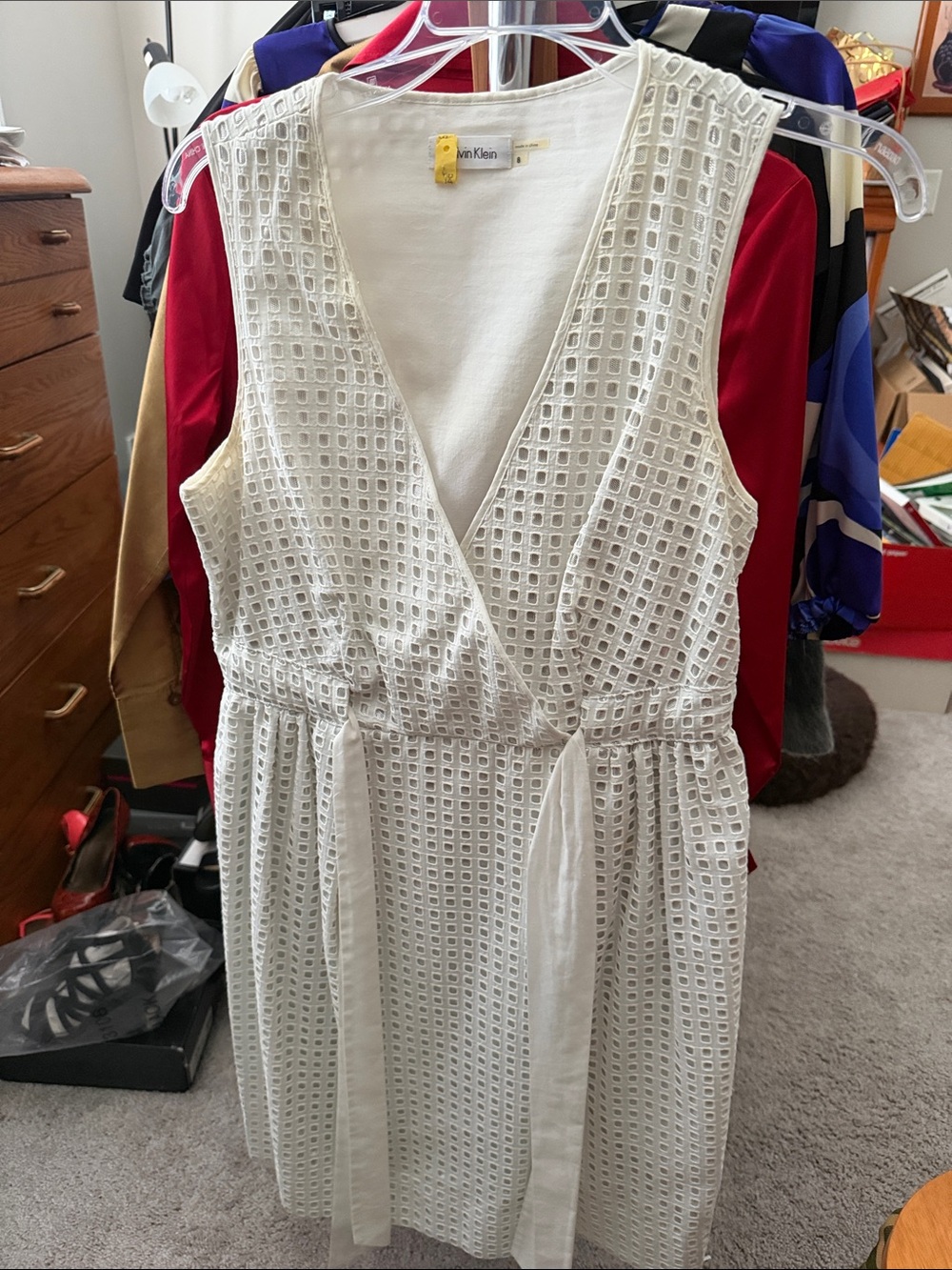 Calvin Klein Cream Eyelet Sleeveless Wrap Dress